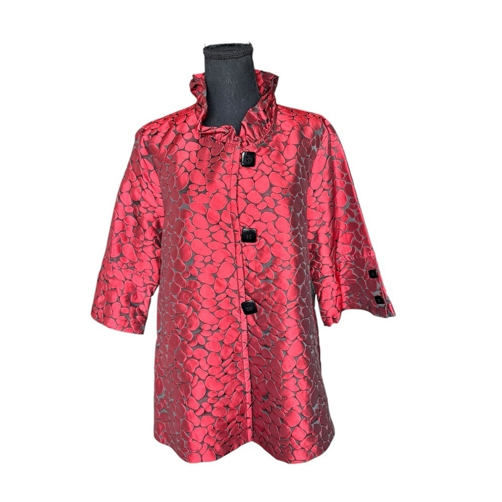NWOT Ali Miles Red Black Satin Jacquard Coat Jacket Petite Large Ruffle Collar